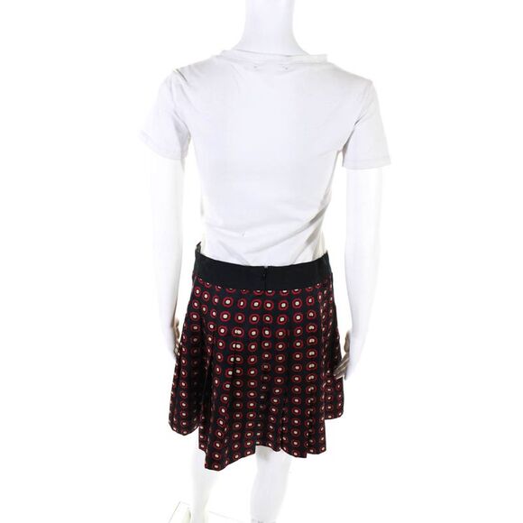Milly Womens Geometric Pleated Satin Mini Skater Skirt Red Black Ivory Size 8 - Picture 3 of 5